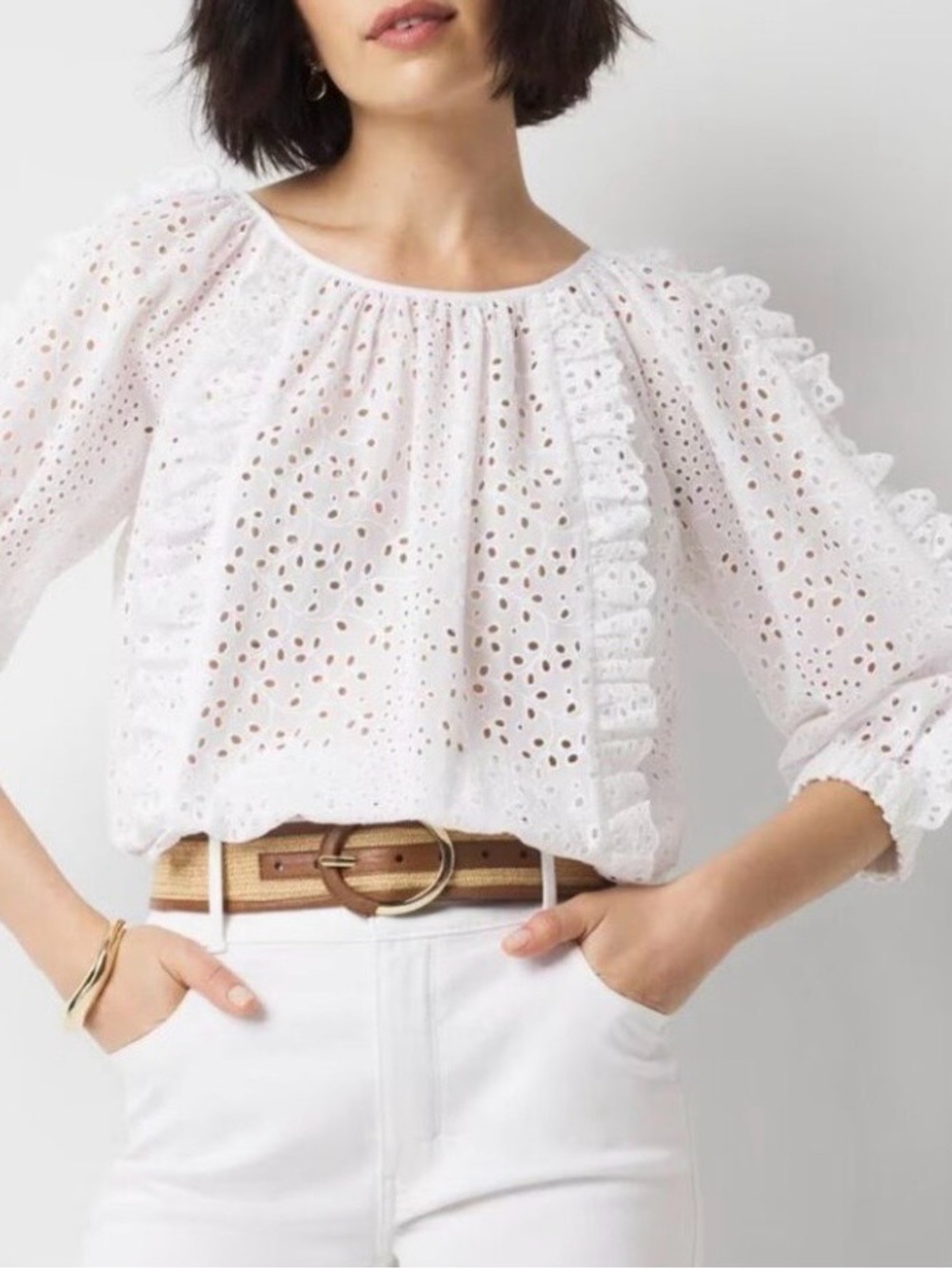 WHBM Eyelet Ruffled Pullover Cotton White Top Size Large